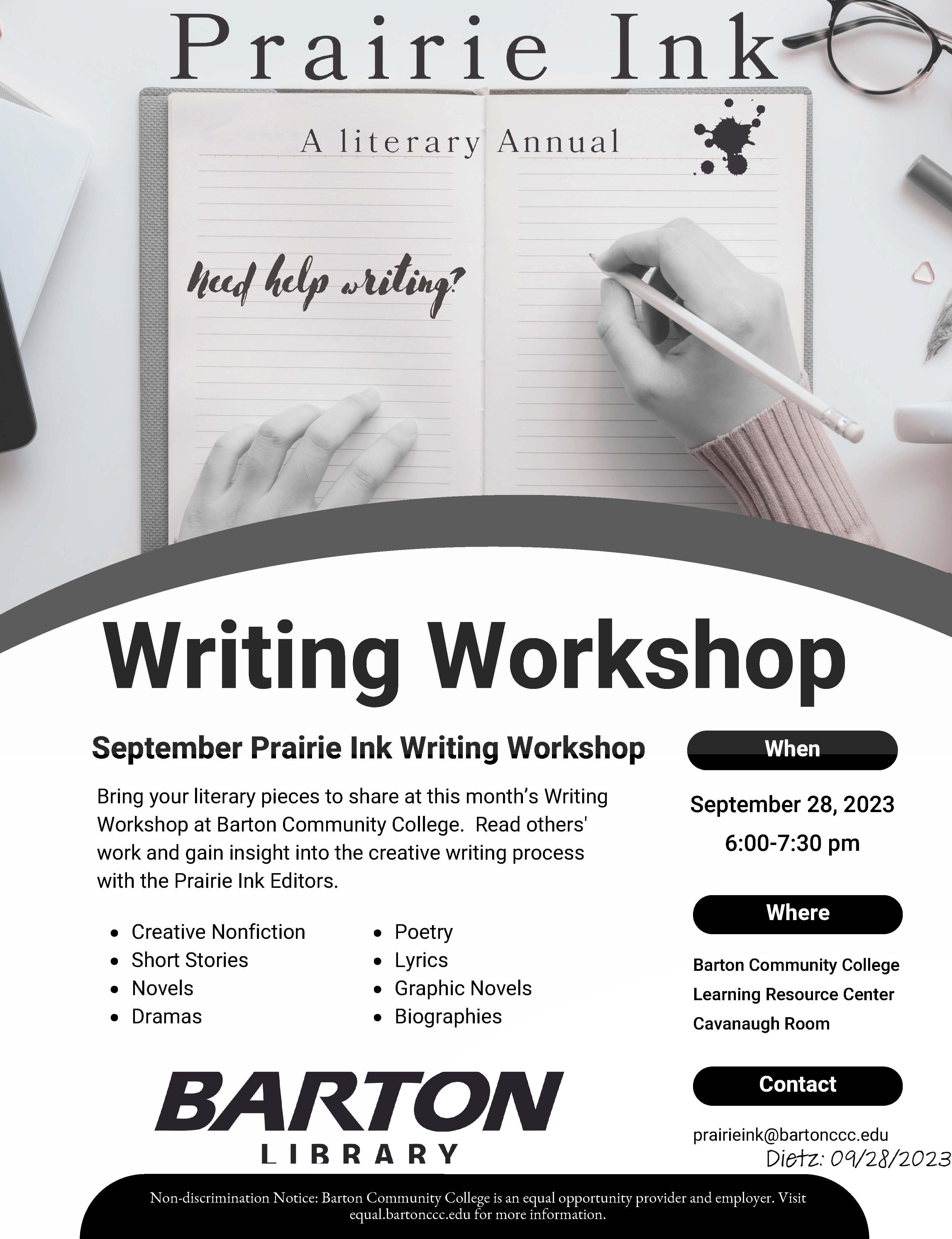 flier for an event with hands holding a pencil and writing on paper