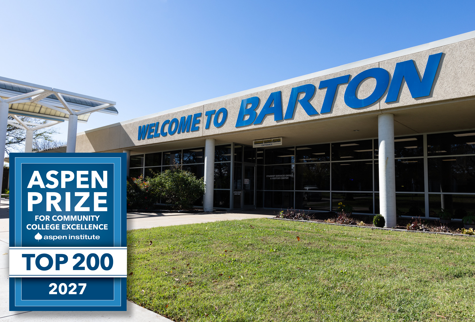 picture of a welcome to barton sign with aspen prize top top 200 logo