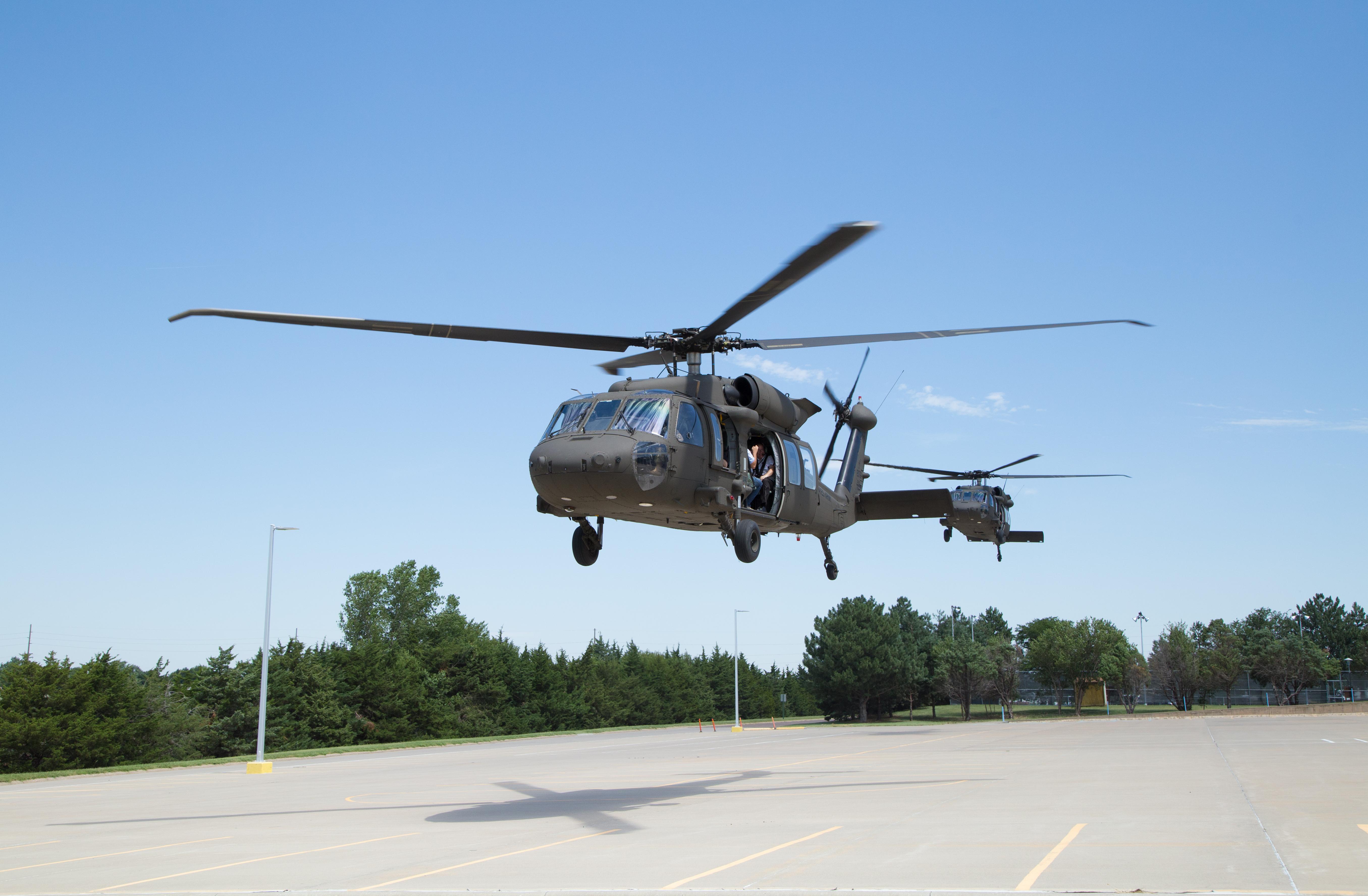 The Kansas Army National Guard lands a Blackhawk helicopter on the Barton County campus at Barton Community College during a visit to speak with students about the benefits and career opportunities with the Guard.