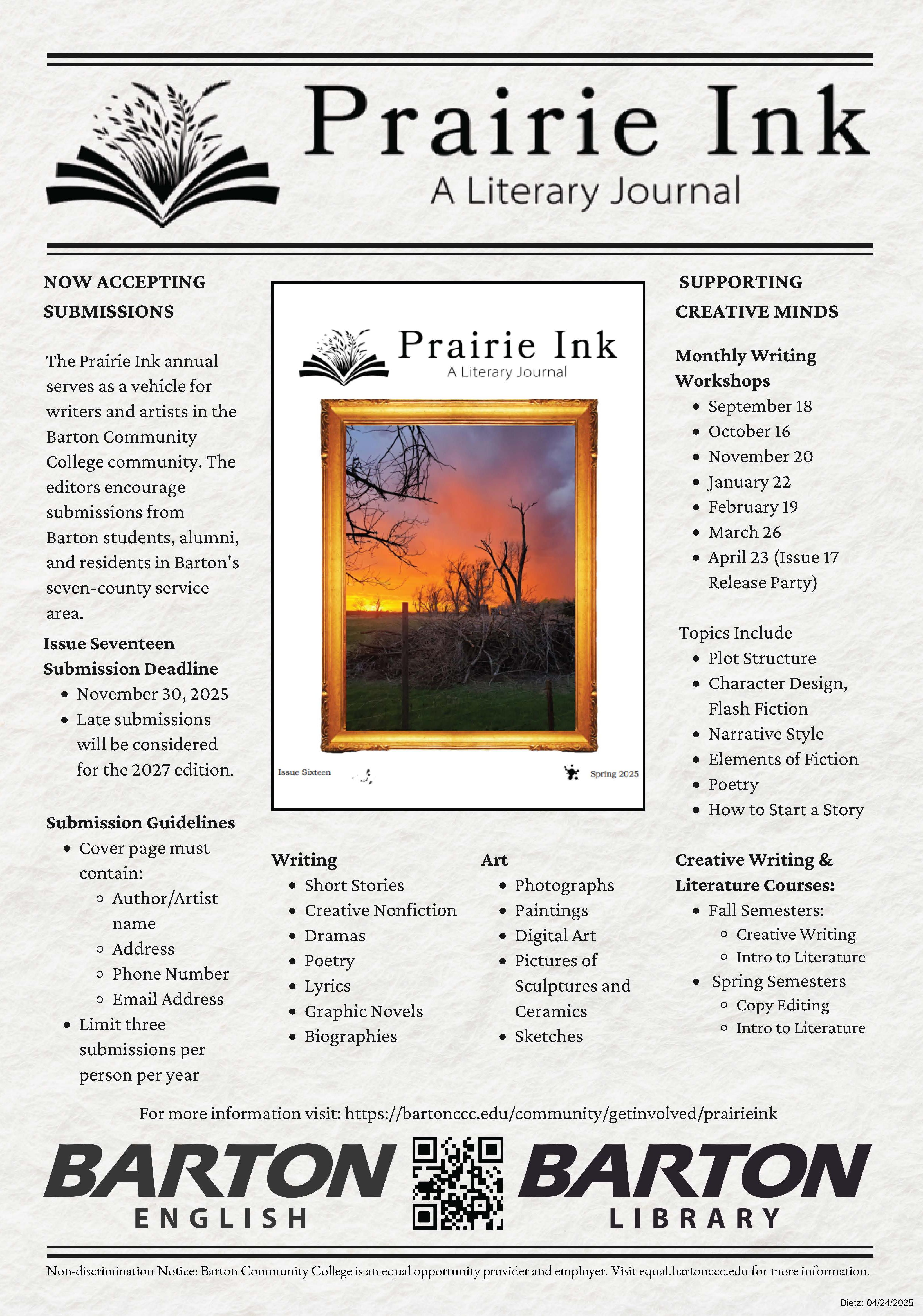 flier with words all over it and apicture of a sunset photo on a literary journal