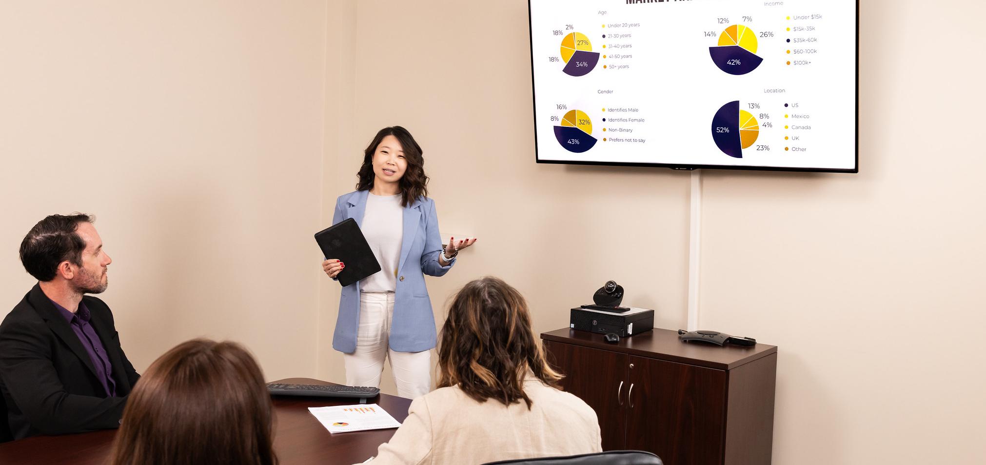 Business woman presents graphs and charts